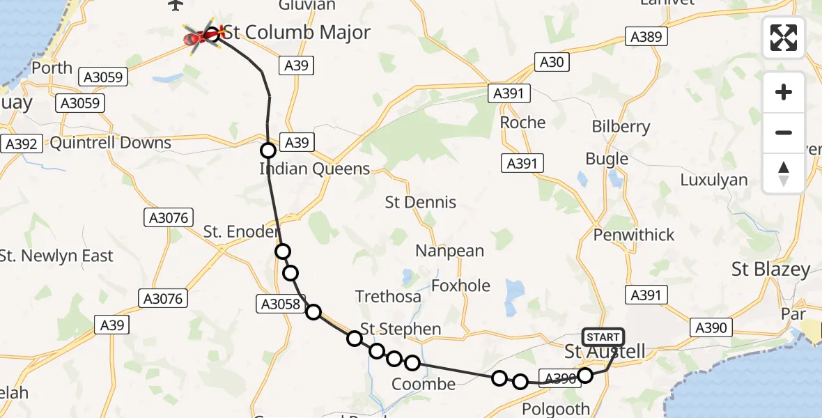 Routekaart van de vlucht: Air Ambulance Helicopter to Cornwall Airport Newquay, Cornwall Airport Newquay