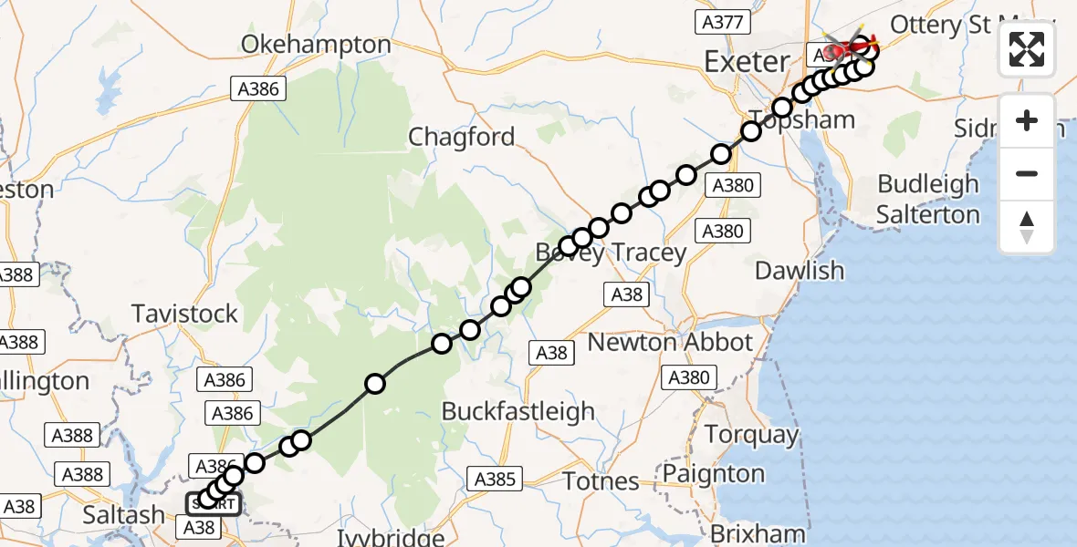 Flight route map: Air Ambulance Helicopter to Exeter International Airport, Exeter International Airport