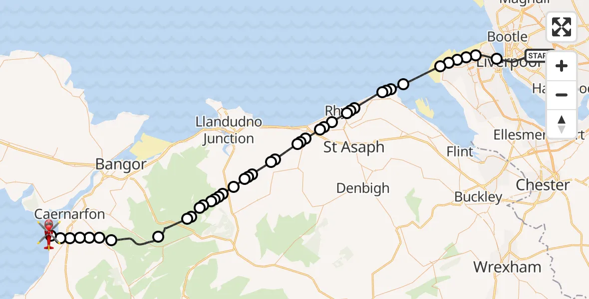 Flight route map: Air Ambulance Helicopter to Caernarfon Airport, Caernarfon Airport