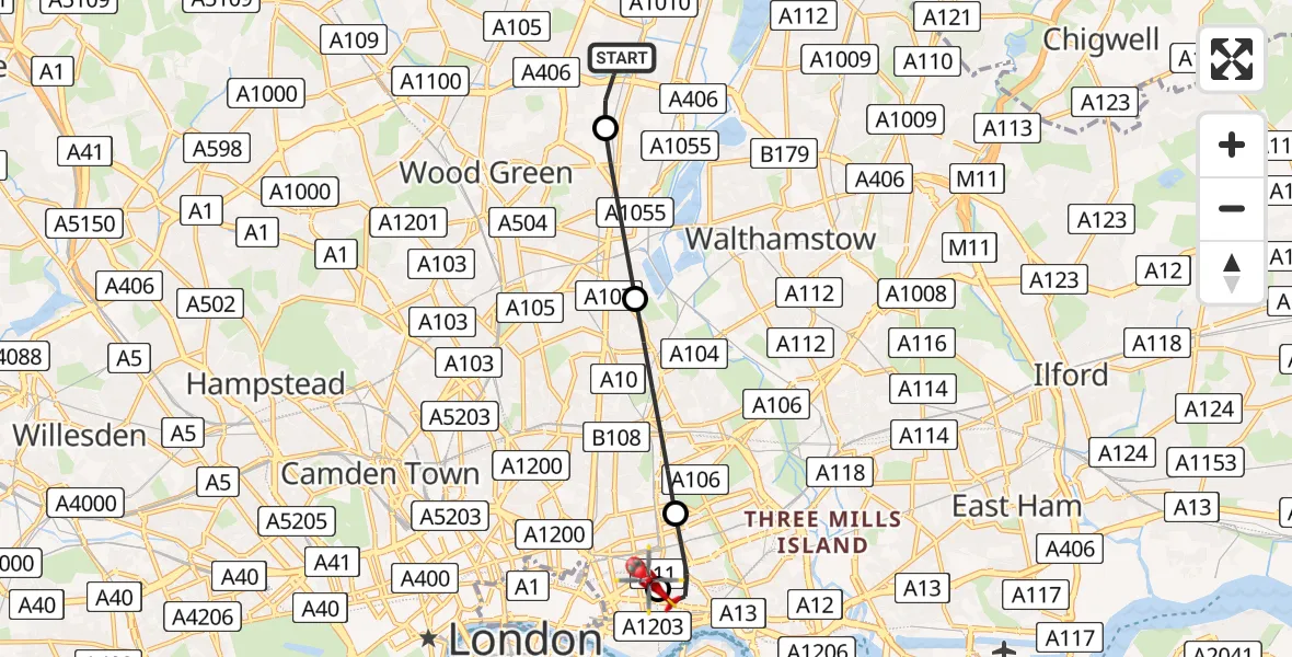 Flight route map: Air Ambulance Helicopter to Royal London Hospital, Royal London Hospital