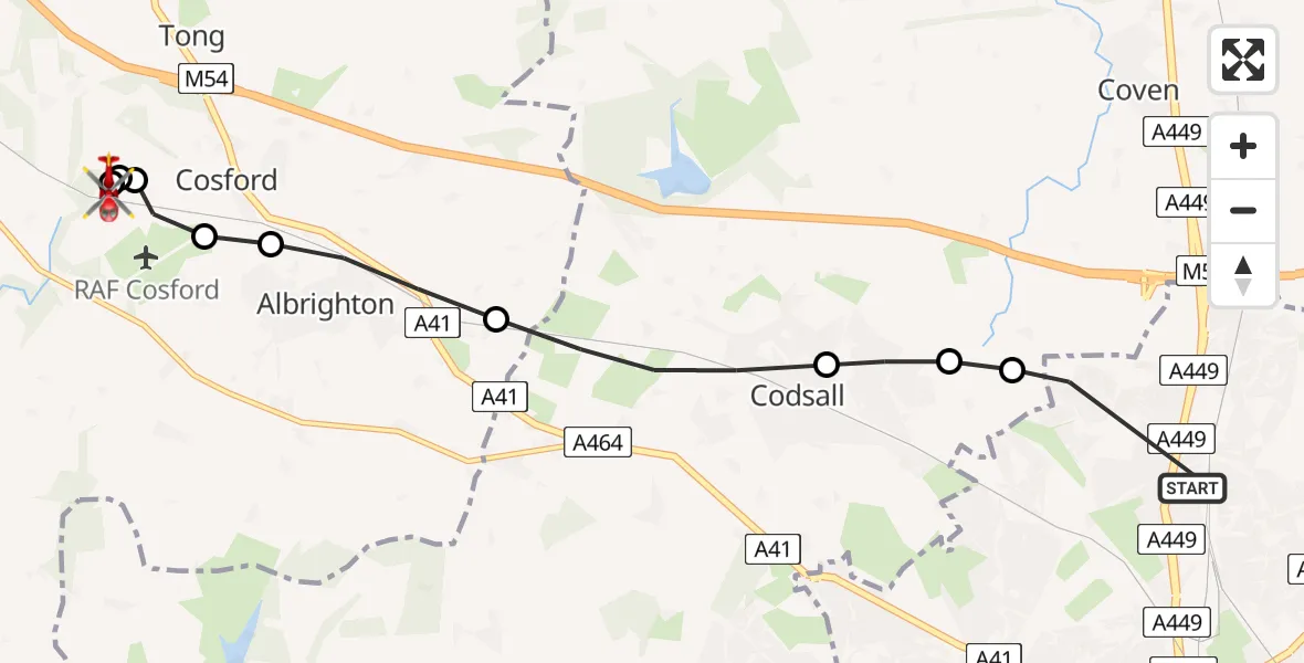Routekaart van de vlucht: Air Ambulance Helicopter to Cosford, Airbase Avenue