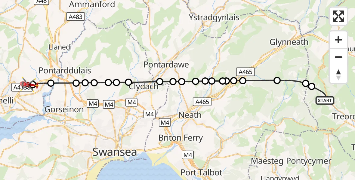 Routekaart van de vlucht: Air Ambulance Helicopter to Dafen, Llanelli Spinal Route