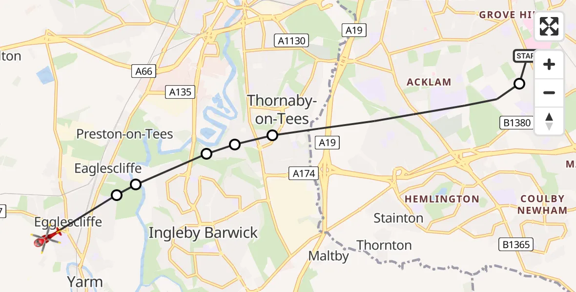 Flight route map: Air Ambulance Helicopter to Eaglescliffe, Eaglescliffe