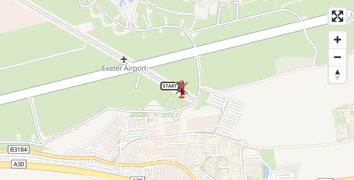 Flight path map showing Air Ambulance Helicopter route from Exeter International Airport to Exeter International Airport