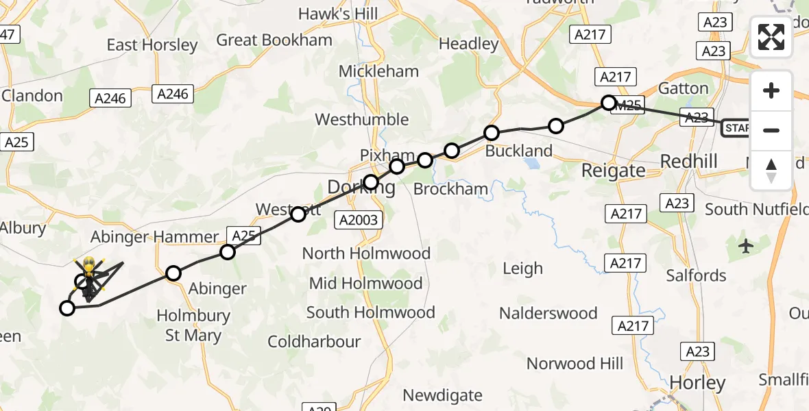 Flight route map: Police Helicopter to Shere, Hound House Road