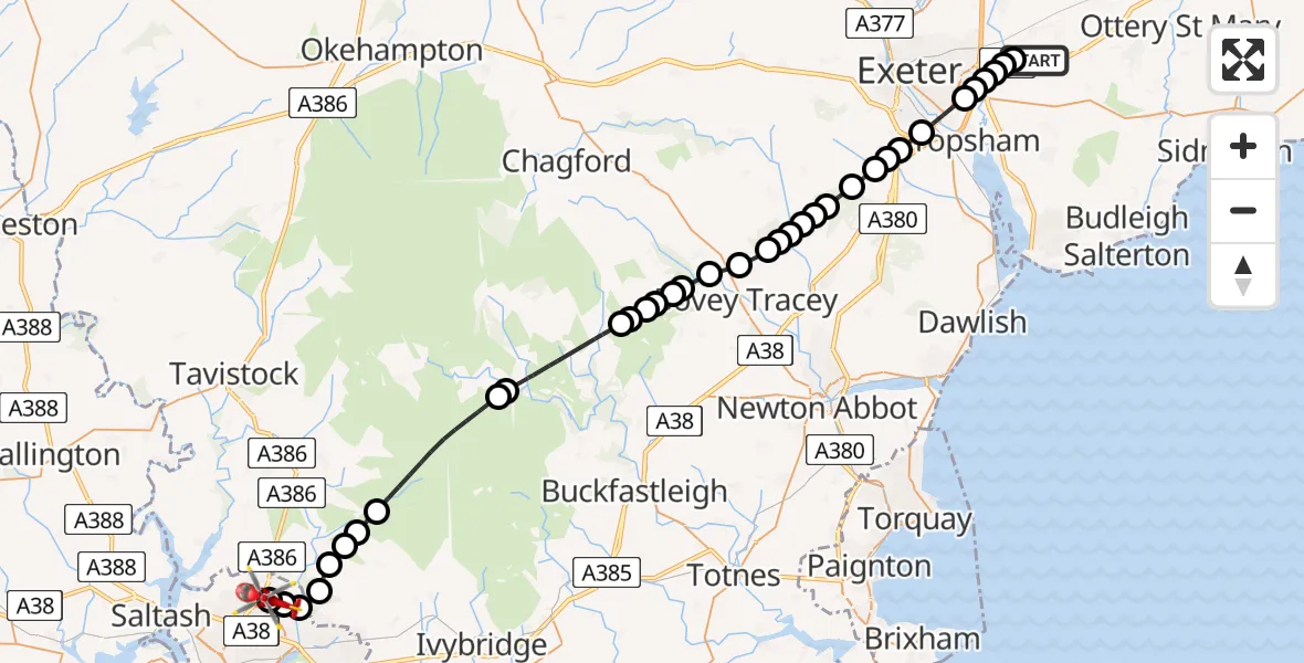 Flight route map: Air Ambulance Helicopter to Derriford Hospital, Derriford Hospital