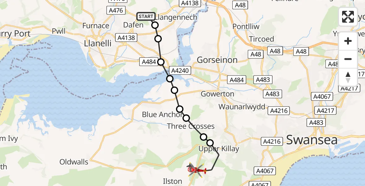 Flight route map: Air Ambulance Helicopter to Swansea Airport, Swansea Airport