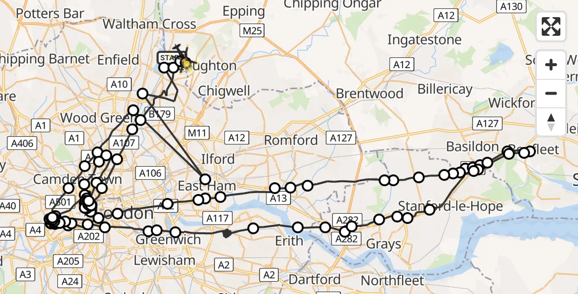 Flight route map: Police Helicopter to Metropolitan Police Air Support Unit Lippitts Hill, Metropolitan Police Air Support Unit Lippitts Hill