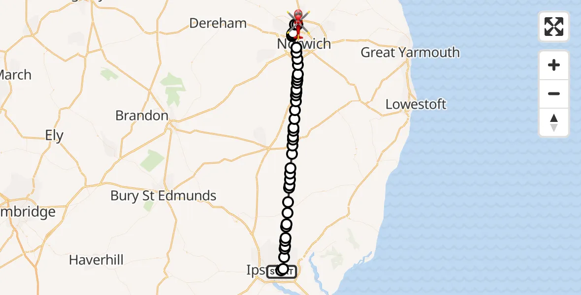 Flight route map: Air Ambulance Helicopter to Norwich Airport, Norwich Airport