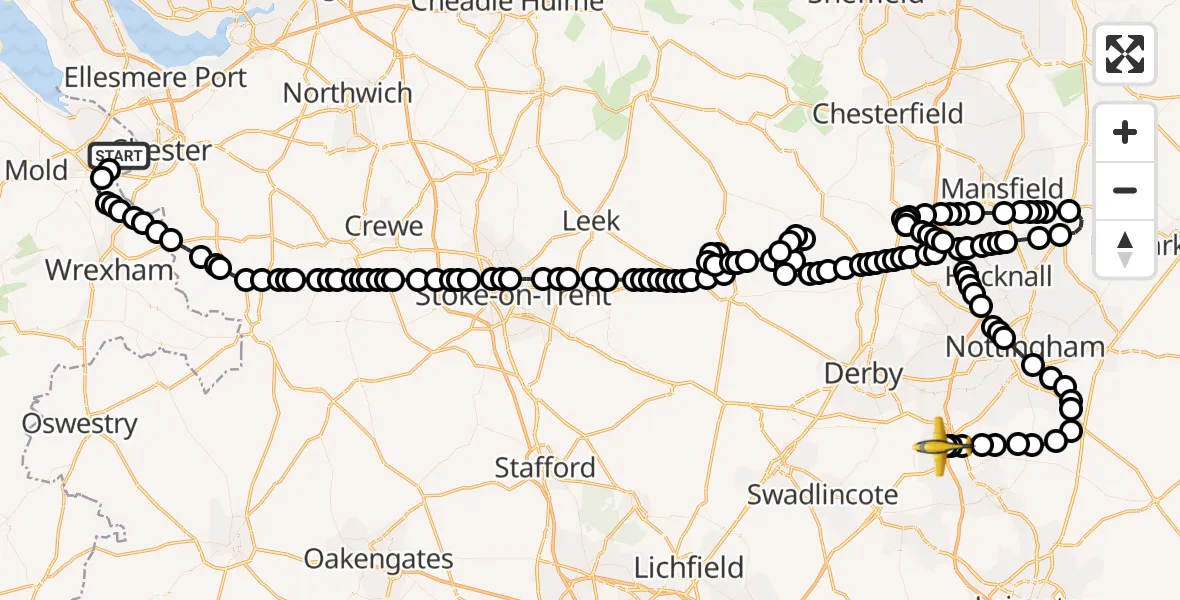 Flight route map: Police Aircraft to East Midlands Airport, East Midlands Airport