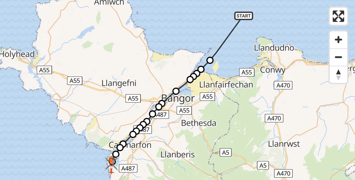 Flight route map: Coastguard Helicopter to Caernarfon Airport, Caernarfon Airport