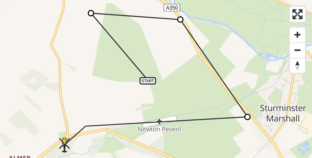 Flight route map: Police Helicopter to Sturminster Marshall, A31