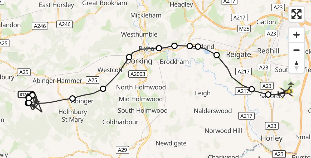 Flight route map: Police Helicopter to Salfords, Kings Mill Lane