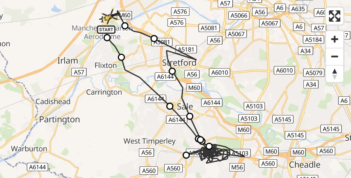 Flight path map showing Police Helicopter route from Manchester Barton Aerodrome to Irlam