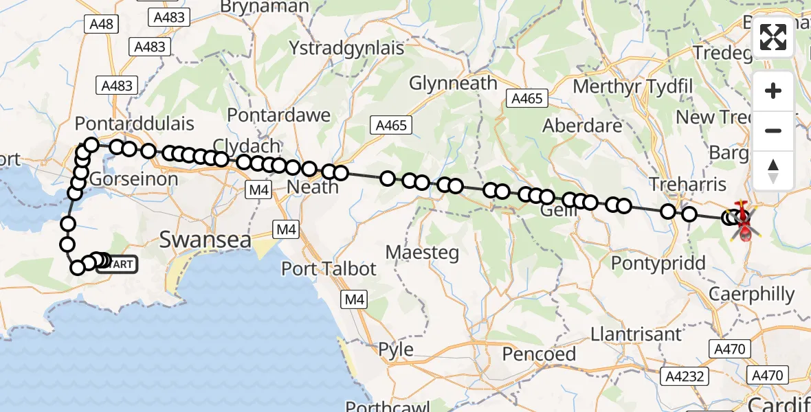 Routekaart van de vlucht: Air Ambulance Helicopter to Maesycwmmer, A469
