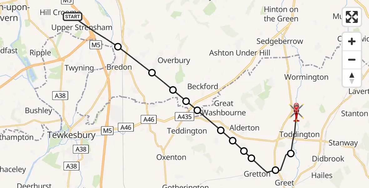 Routekaart van de vlucht: Air Ambulance Helicopter to Toddington, B4078