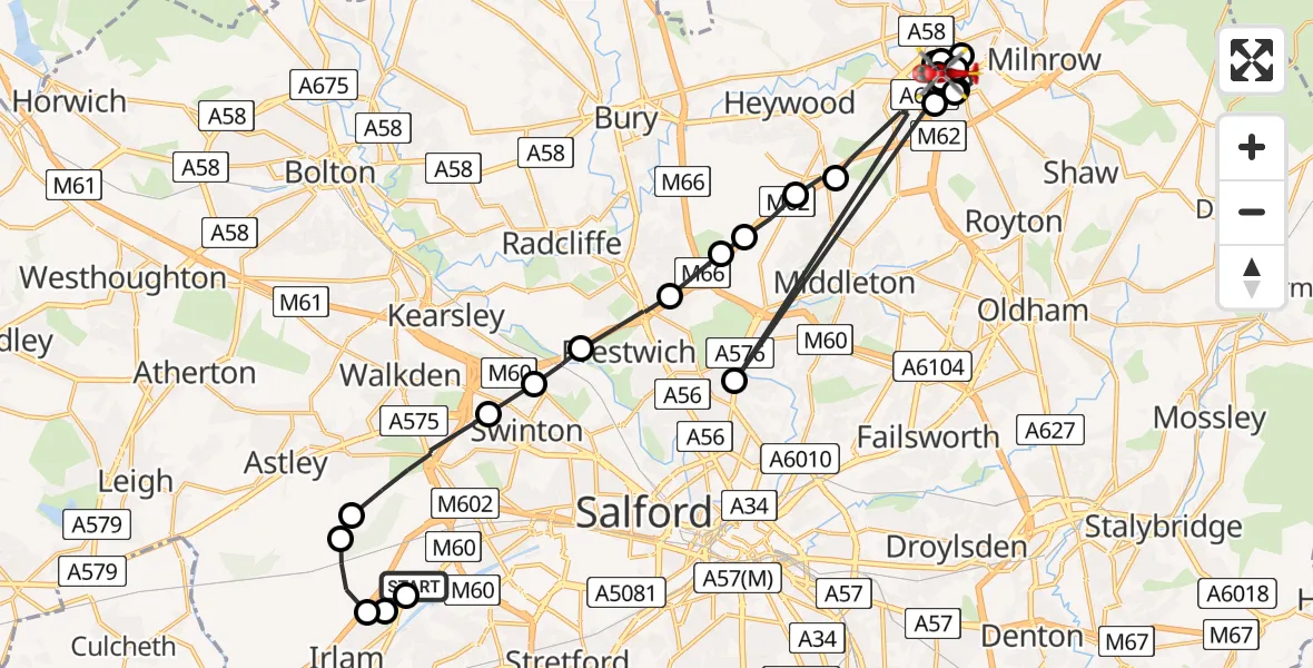 Flight route map: Air Ambulance Helicopter to Milnrow, Clifford Street