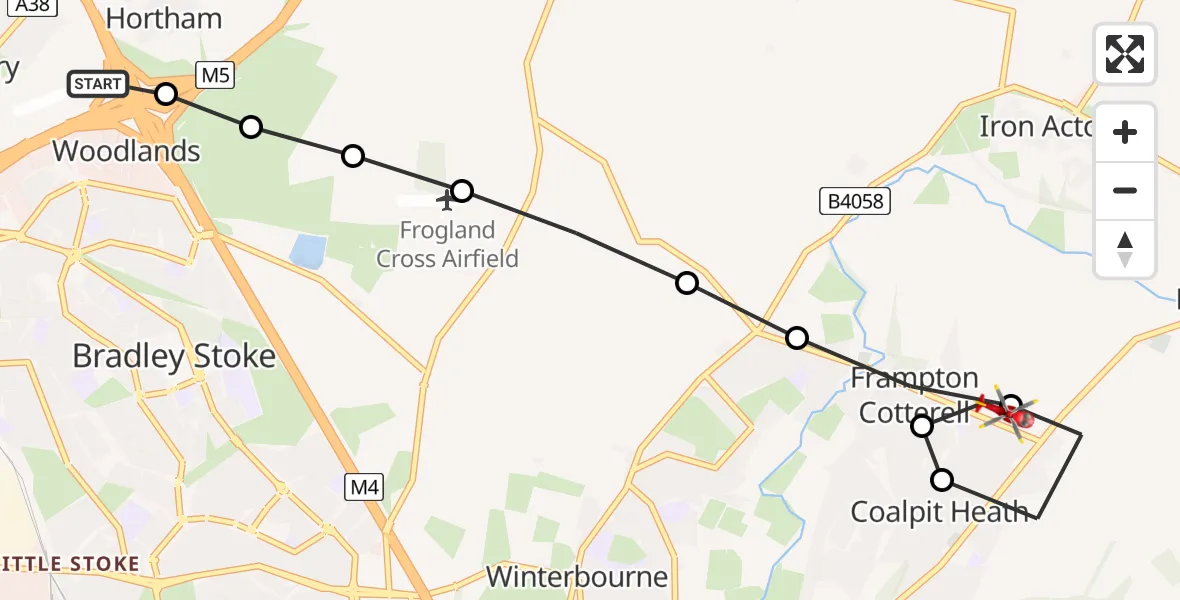 Flight route map: Air Ambulance Helicopter to Nibley, Church Road
