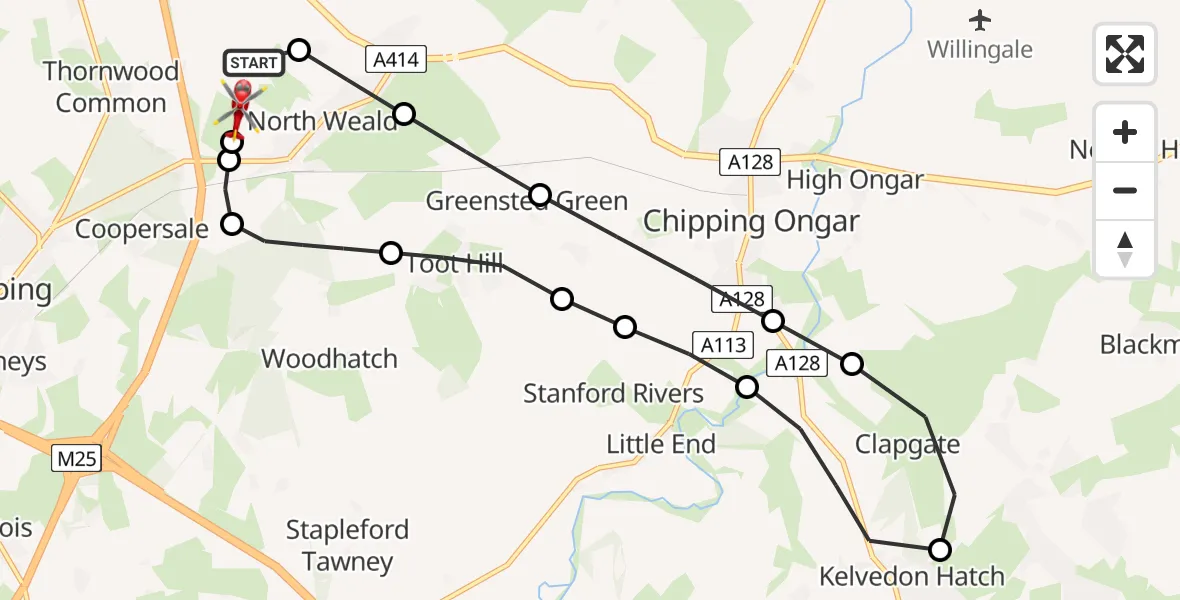 Flight path map showing Air Ambulance Helicopter route from North Weald Airfield to North Weald Airfield