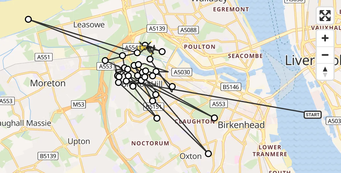 Flight route map: Police Helicopter to Bidston Hill, Valley Road