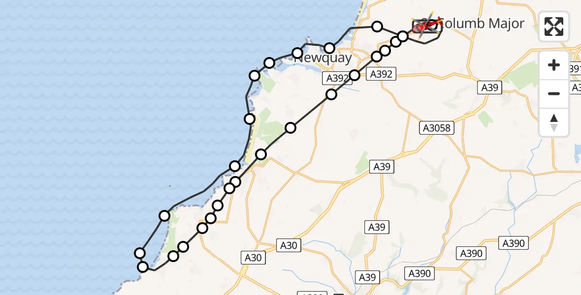 Flight path map showing Air Ambulance Helicopter route from Cornwall Airport Newquay to Cornwall Airport Newquay