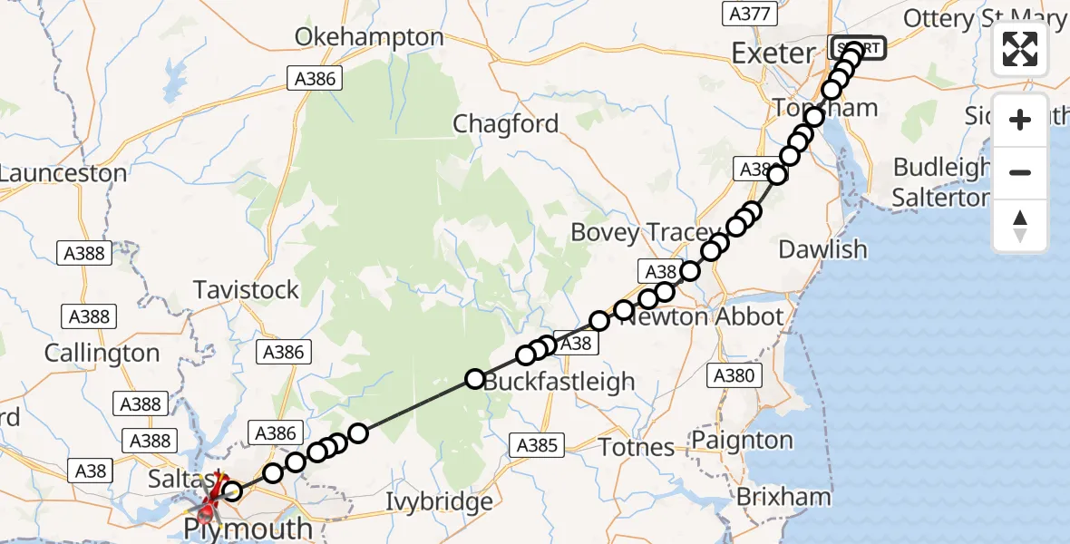 Flight route map: Air Ambulance Helicopter to Plymouth, Kiln Close
