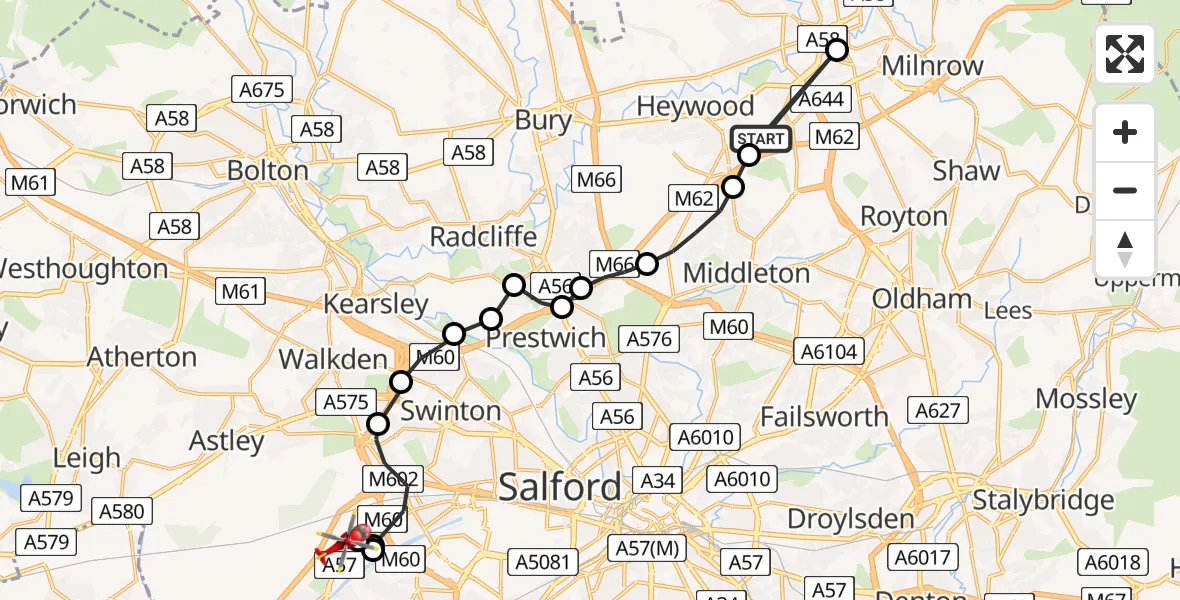 Flight route map: Air Ambulance Helicopter to Manchester Barton Aerodrome, Manchester Barton Aerodrome