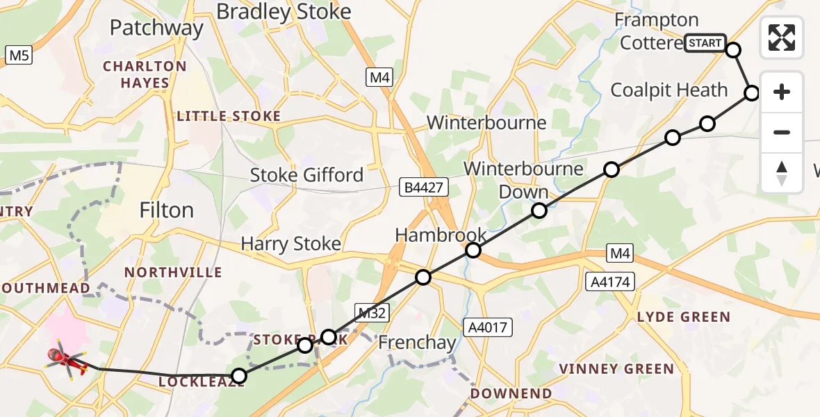 Routekaart van de vlucht: Air Ambulance Helicopter to Bristol, Southmead Road