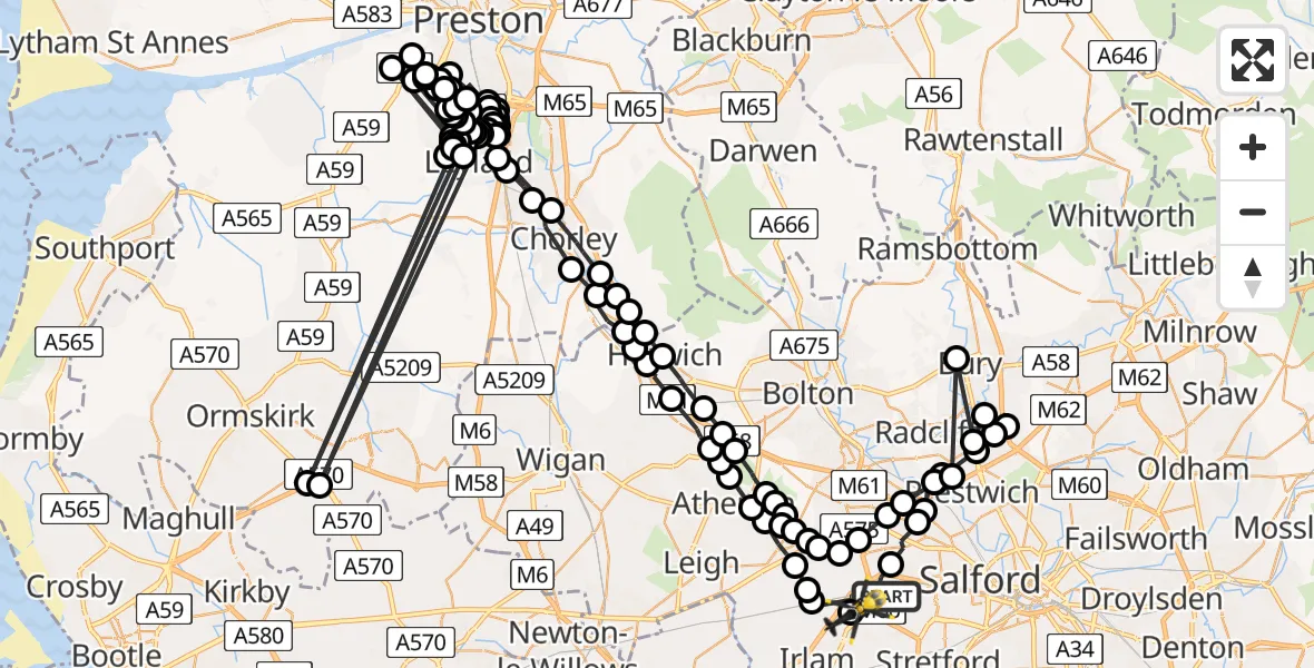 Flight route map: Police Helicopter to Manchester Barton Aerodrome, Manchester Barton Aerodrome