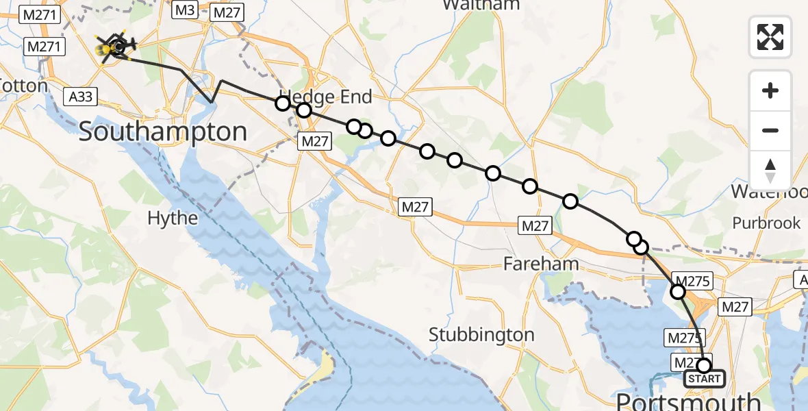 Flight route map: Police Helicopter to University Hospital Southampton, Dale Valley Gardens