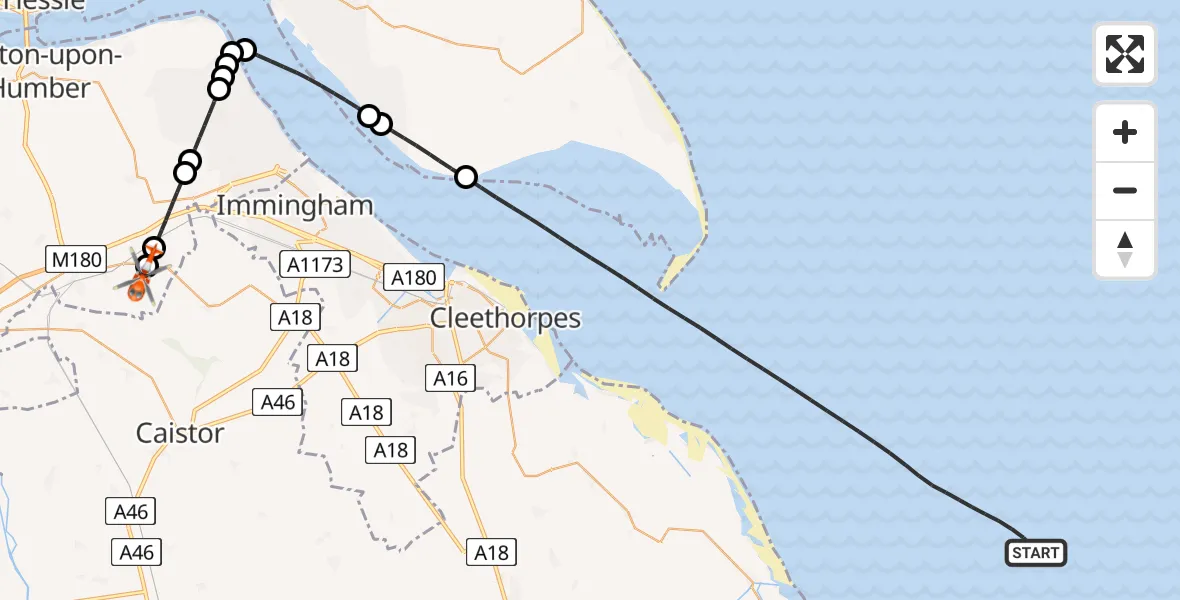 Flight route map: Coastguard Helicopter to Humberside Airport, Humberside Airport