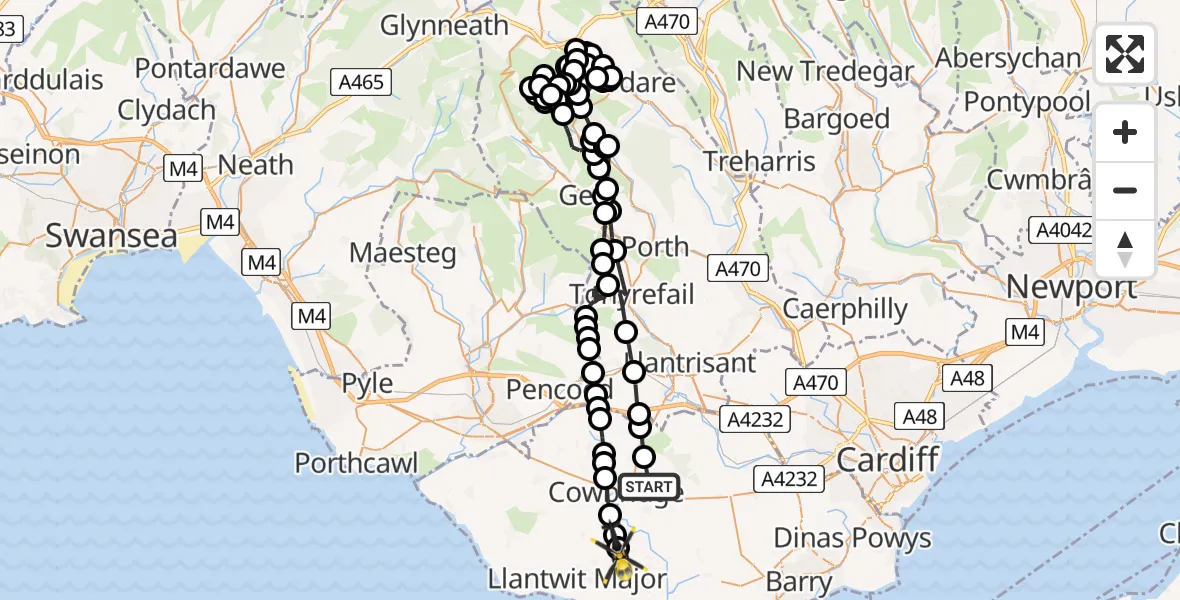 Flight route map: Police Helicopter to Eglwys Brewis, Eglwys Brewis