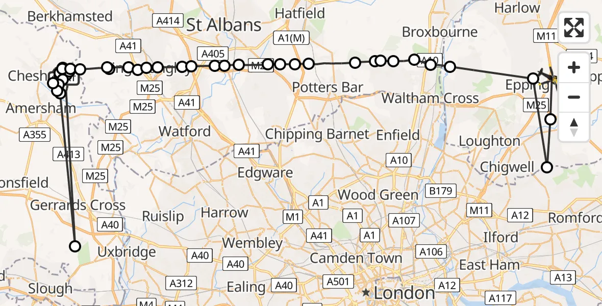 Routekaart van de vlucht: Police Helicopter to Coopersale, M11