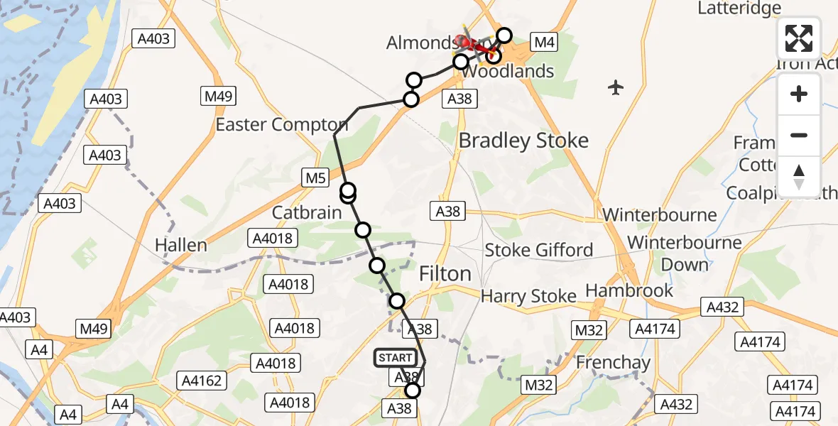 Routekaart van de vlucht: Air Ambulance Helicopter to Almondsbury Helicopter Base, Almondsbury Helicopter Base
