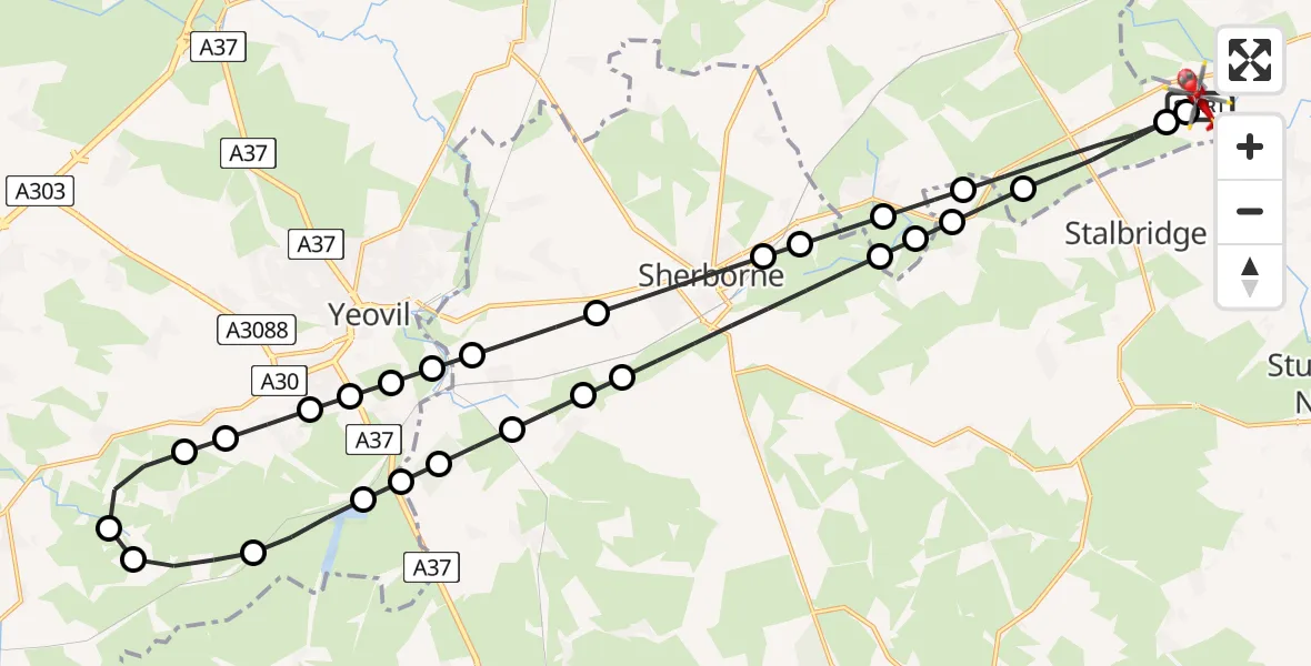 Flight path map showing Air Ambulance Helicopter route from Henstridge Airfield to Henstridge Airfield