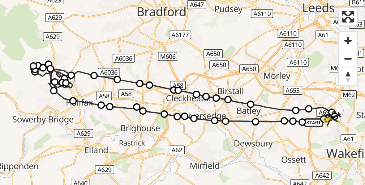 Flight path map showing Police Helicopter route from East Ardsley to Wakefield