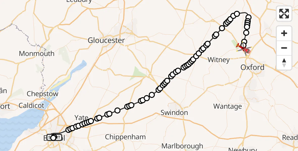 Flight route map: Air Ambulance Helicopter to London Oxford Airport, London Oxford Airport