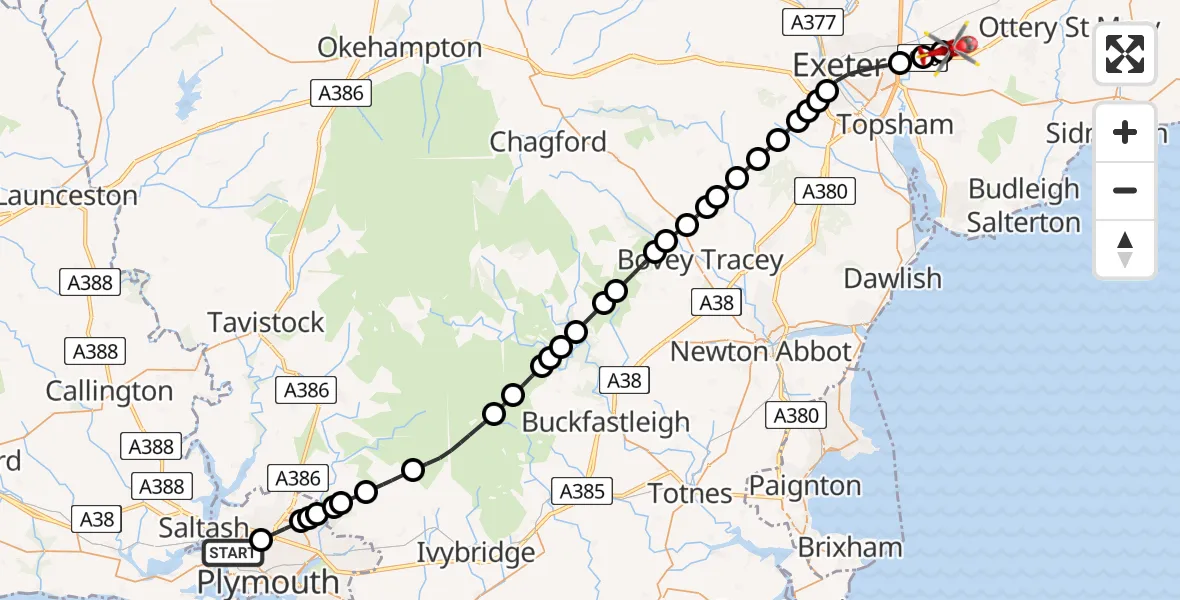 Flight route map: Air Ambulance Helicopter to Exeter International Airport, Exeter International Airport