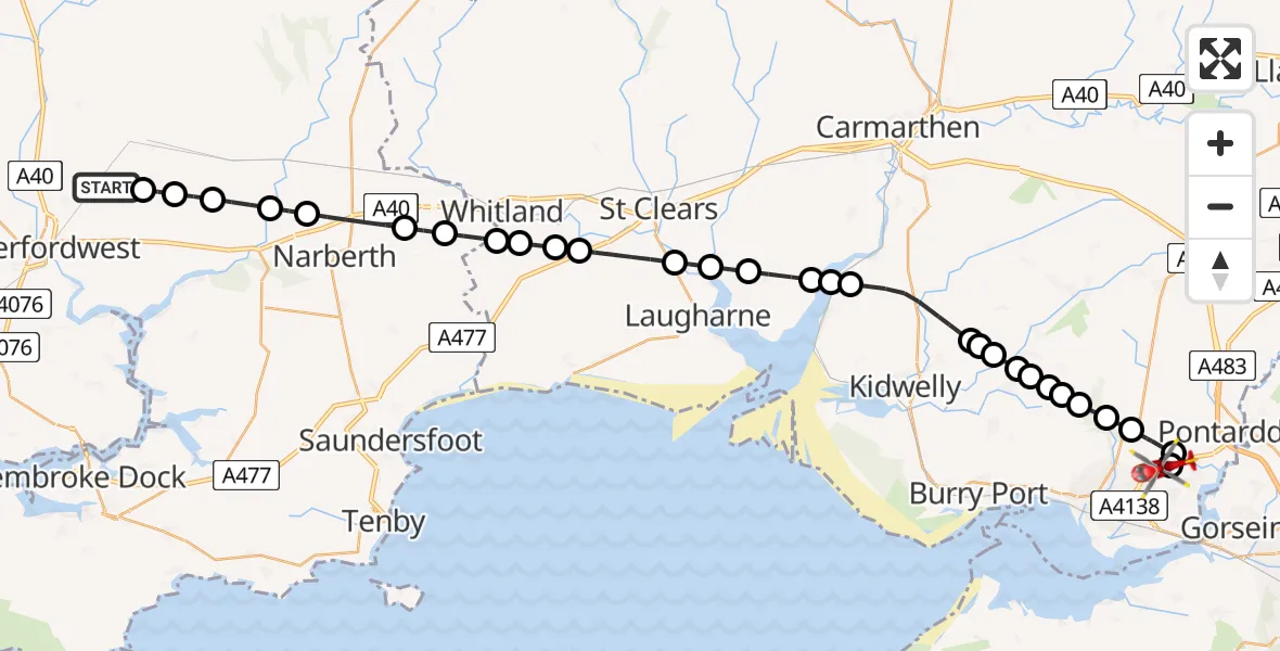 Flight route map: Air Ambulance Helicopter to Dafen, Llanelli Spinal Route
