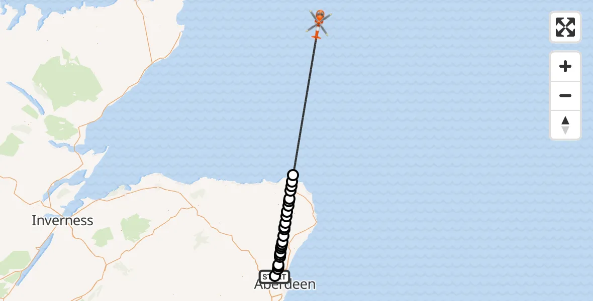 Flight path map showing Coastguard Helicopter route from Aberdeen International Airport to North Sea