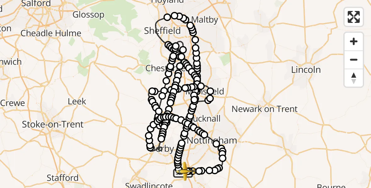 Flight route map: Police Aircraft to East Midlands Airport, East Midlands Airport