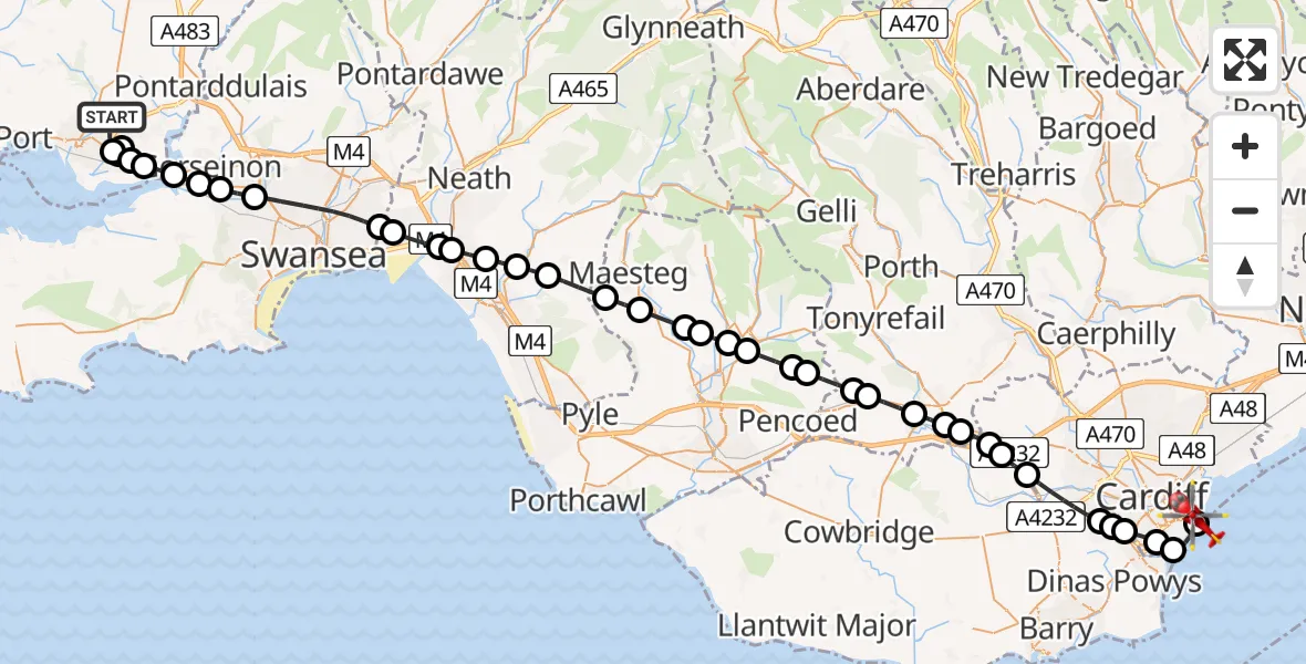 Flight route map: Air Ambulance Helicopter to Cardiff Heliport, Cardiff Heliport