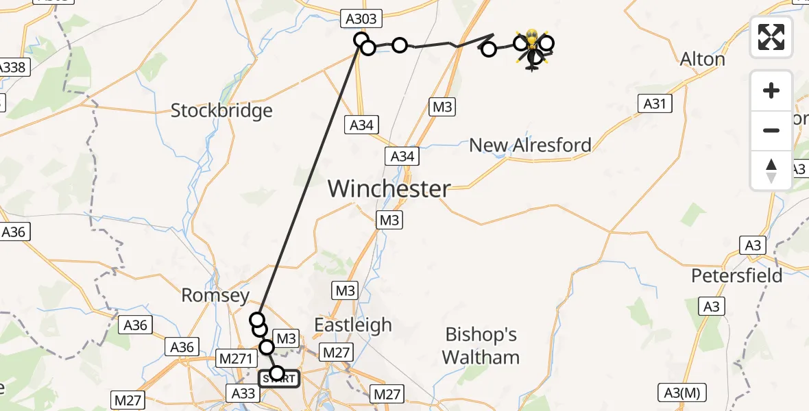 Routekaart van de vlucht: Police Helicopter to Brown Candover, B3046
