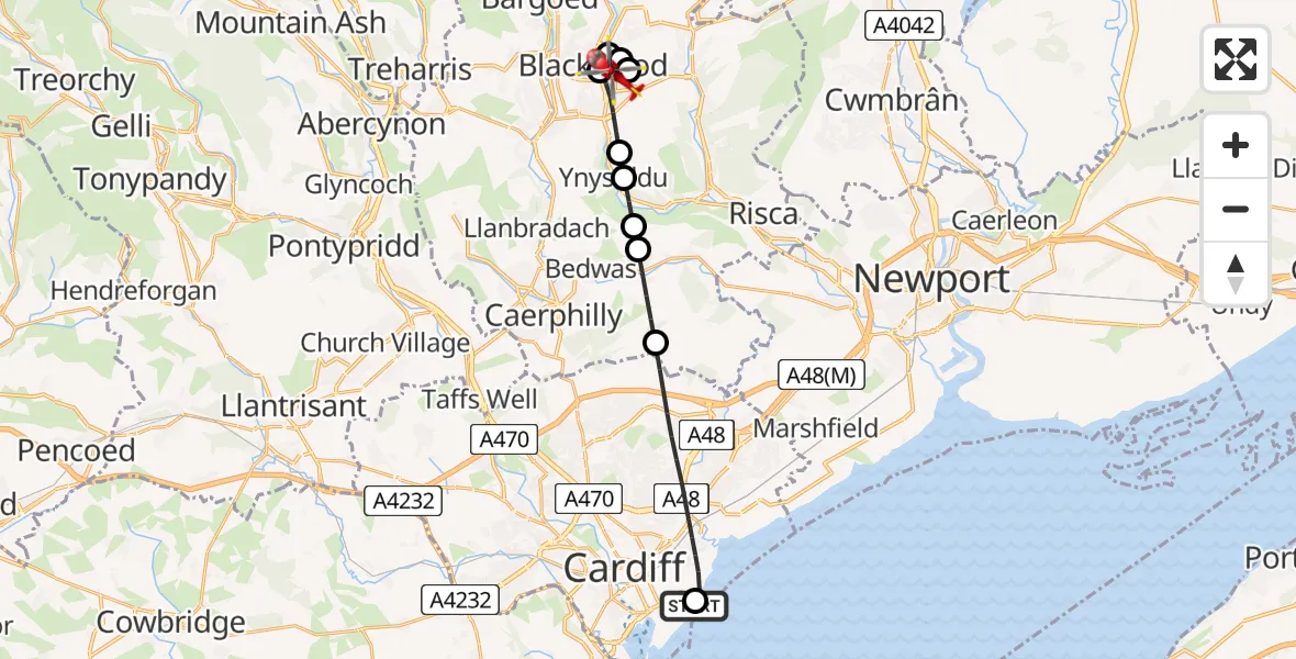 Routekaart van de vlucht: Air Ambulance Helicopter to Pontllanfraith, Tirfilkins Close
