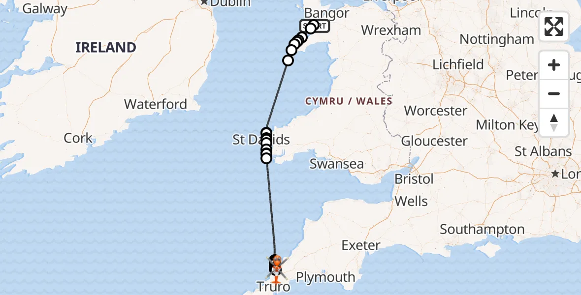 Flight path map showing Coastguard Helicopter route from Caernarfon Airport to Cornwall Airport Newquay