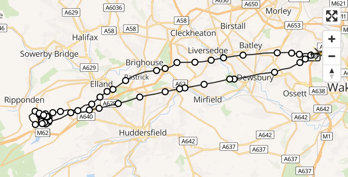 Flight path map showing Police Helicopter route from East Ardsley to Wakefield