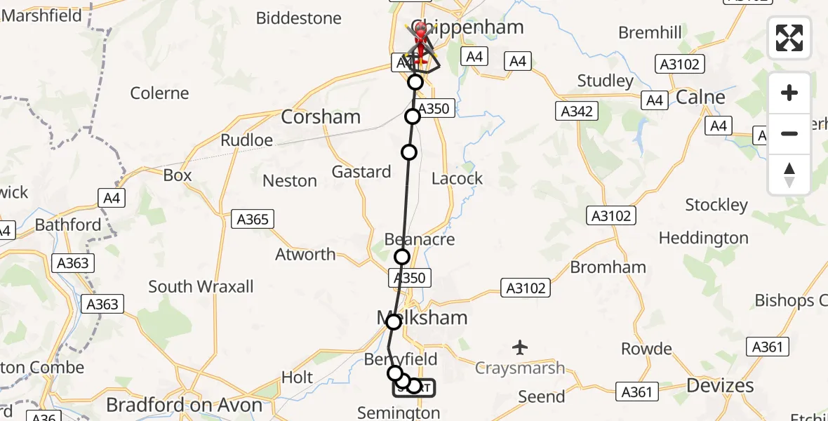 Flight route map: Air Ambulance Helicopter to Chippenham, Hungerdown Lane
