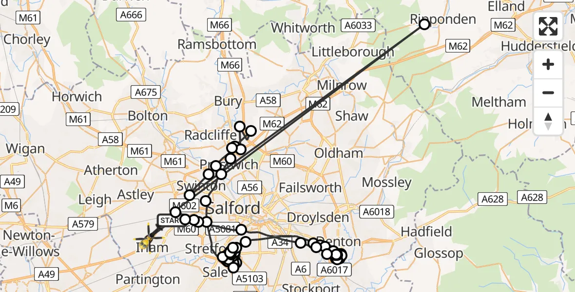 Flight path map showing Police Helicopter route from Manchester Barton Aerodrome to Irlam