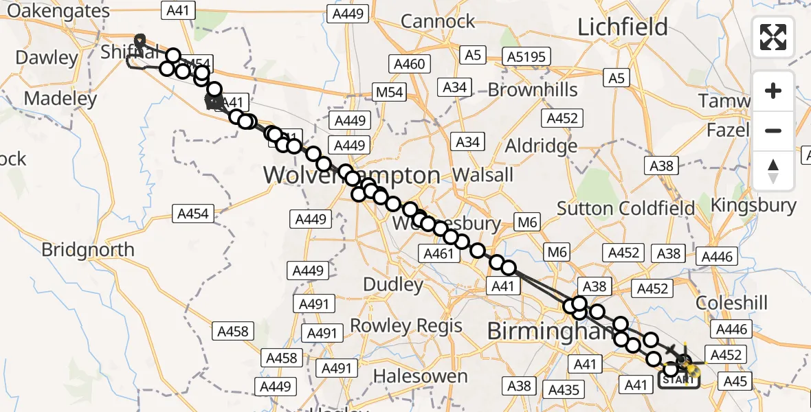 Flight route map: Police Helicopter to Birmingham, Coventry Road