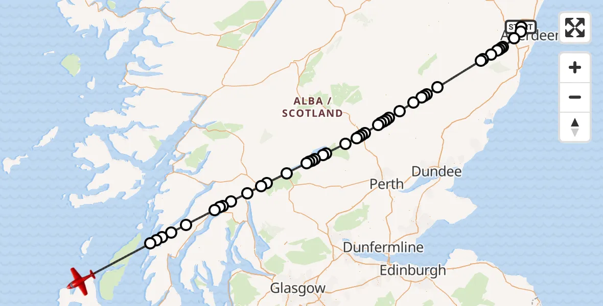 Flight path map showing Air Ambulance Aircraft route from Aberdeen International Airport to Inner Seas